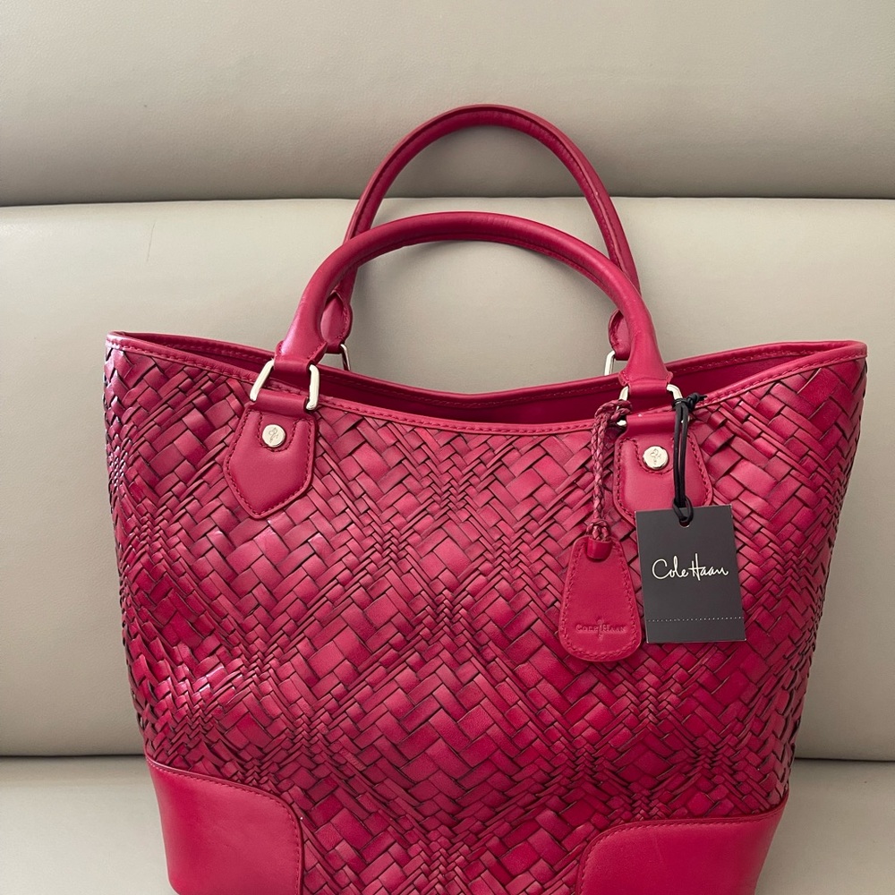 Cole Haan Serena Tango Red Woven Leather Tote